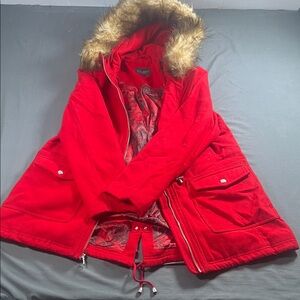 Jessica Simpson Women's Red Faux Fur Trim Parka Coat G0000